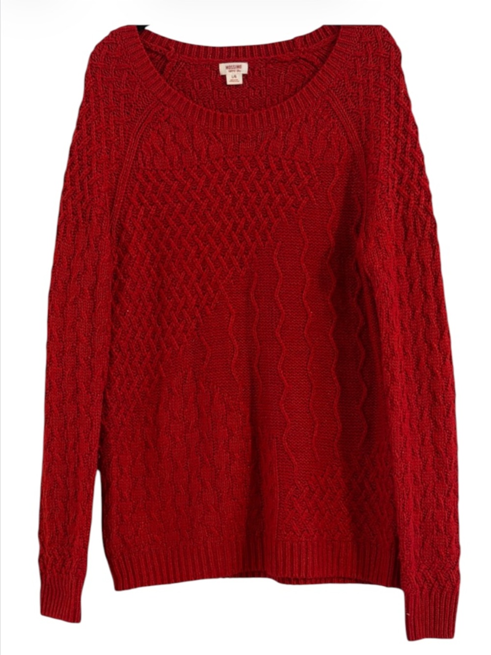 Mossimo Red Metallic Shimmer Patchwork Cable Knit Scoop Neck Sweater L